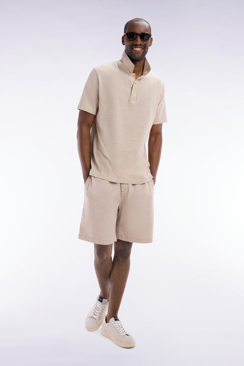 Polo à manches courtes en coton et lin beige coupe droite - Image 3