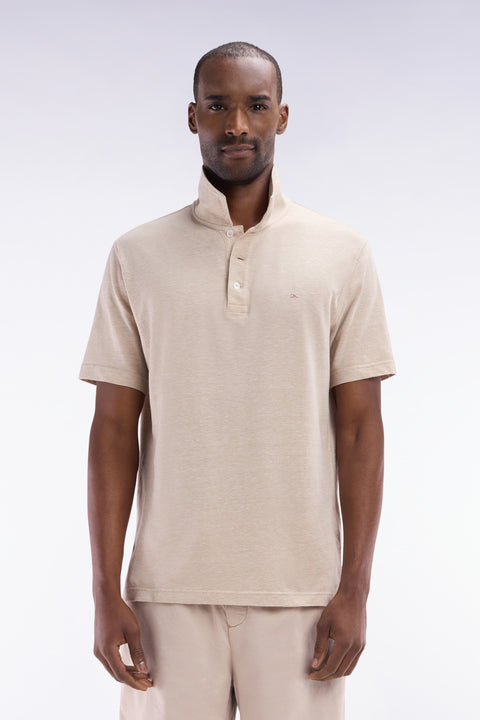 Polo à manches courtes en coton et lin beige coupe droite - Image 1