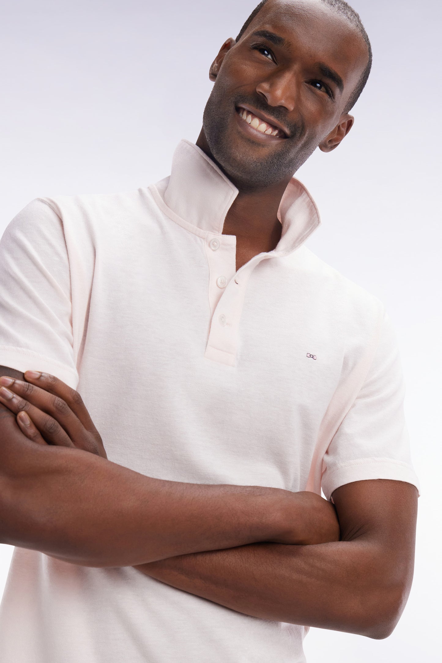 Straight-fit short-sleeved polo shirt in pink cotton-linen blend