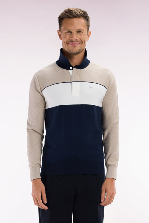 Straight-fit beige cotton jumper with a rugby-style collar - Image 1