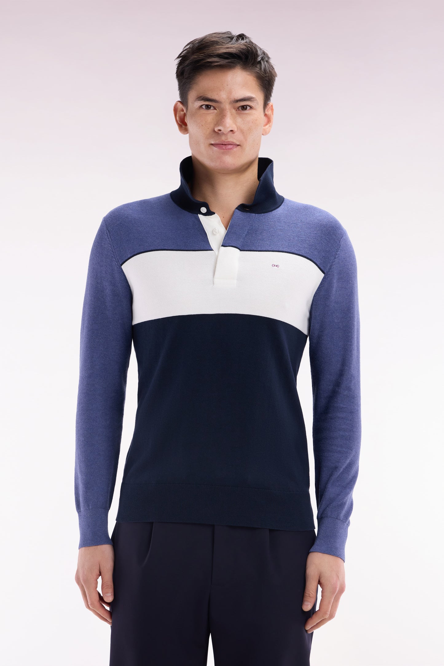 Straight-fit blue cotton jumper with a rugby-style collar