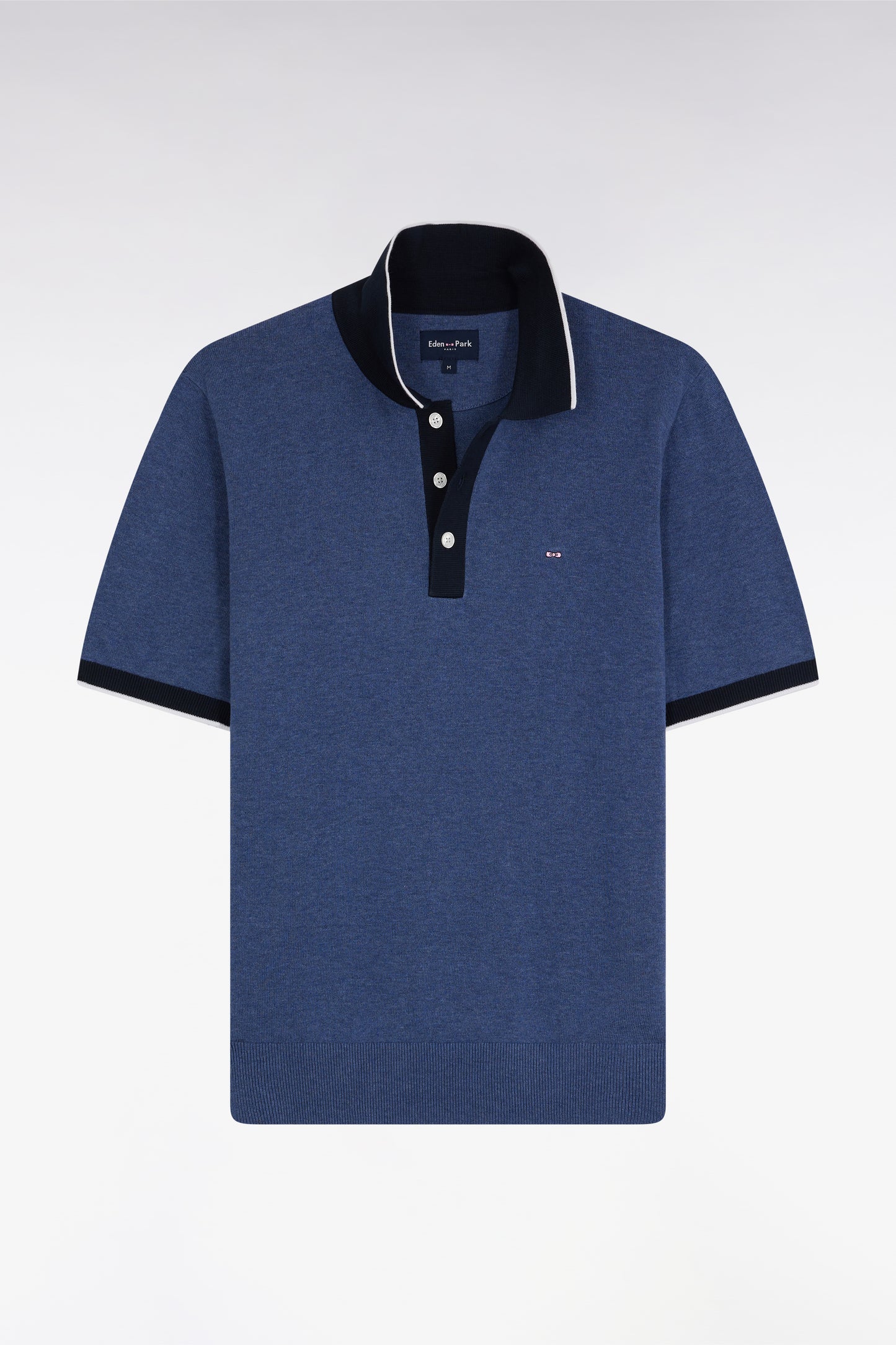 Pull manches courtes à col polo en coton bleu coupe droite