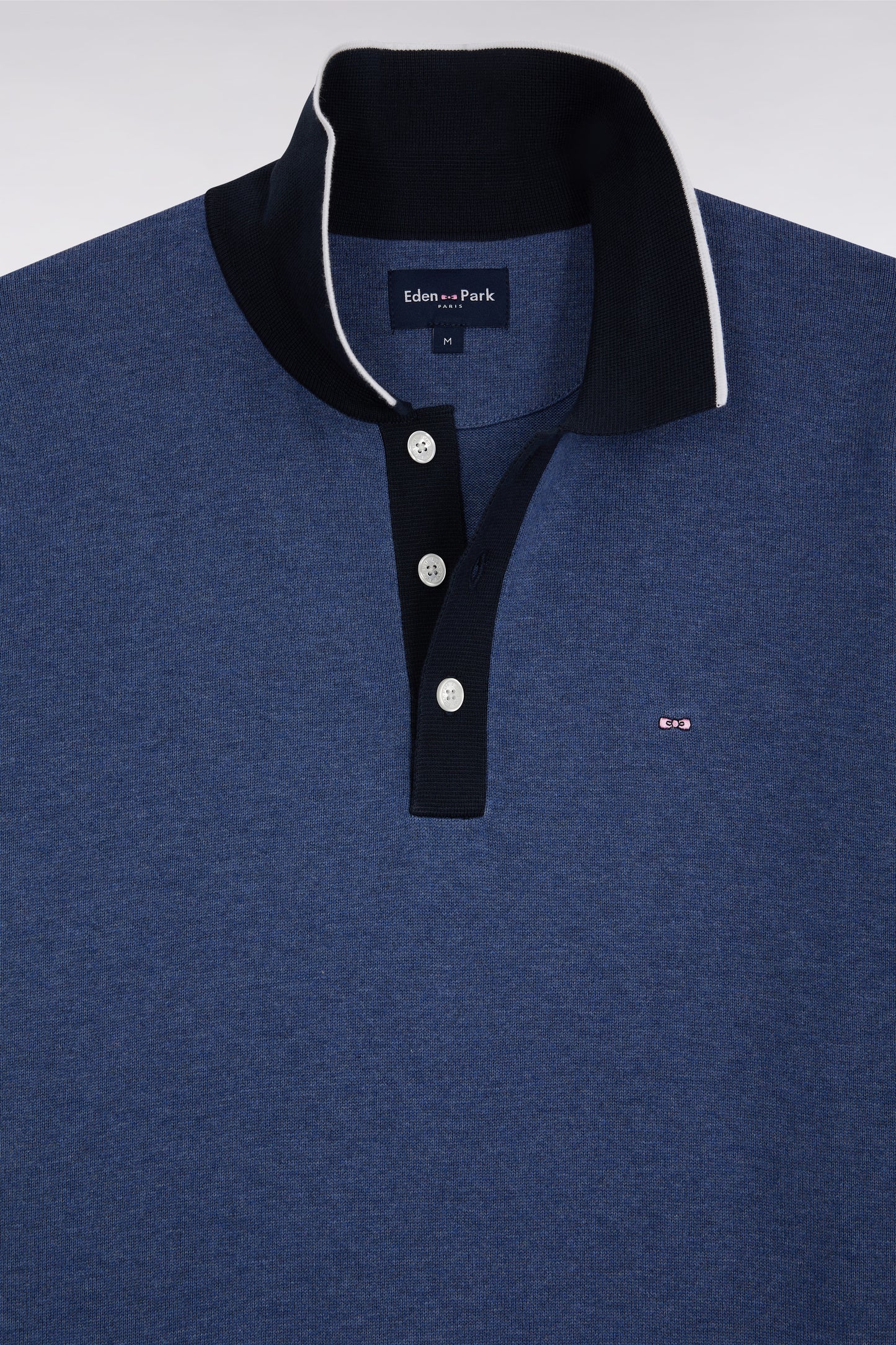 Pull manches courtes à col polo en coton bleu coupe droite