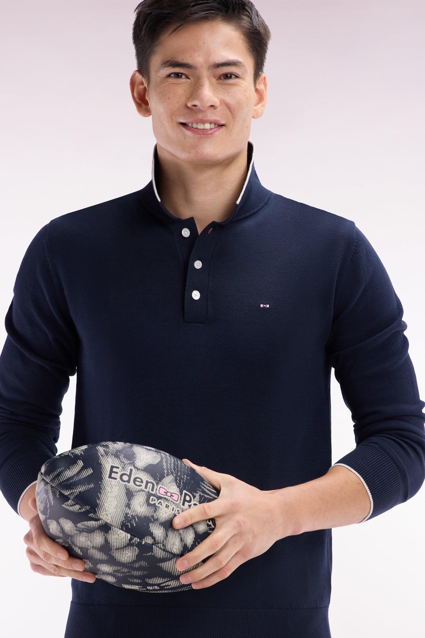 Straight-fit navy and grey cotton jumper with a rugby-style collar