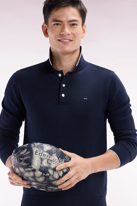 Straight-fit navy and grey cotton jumper with a rugby-style collar - Image 3