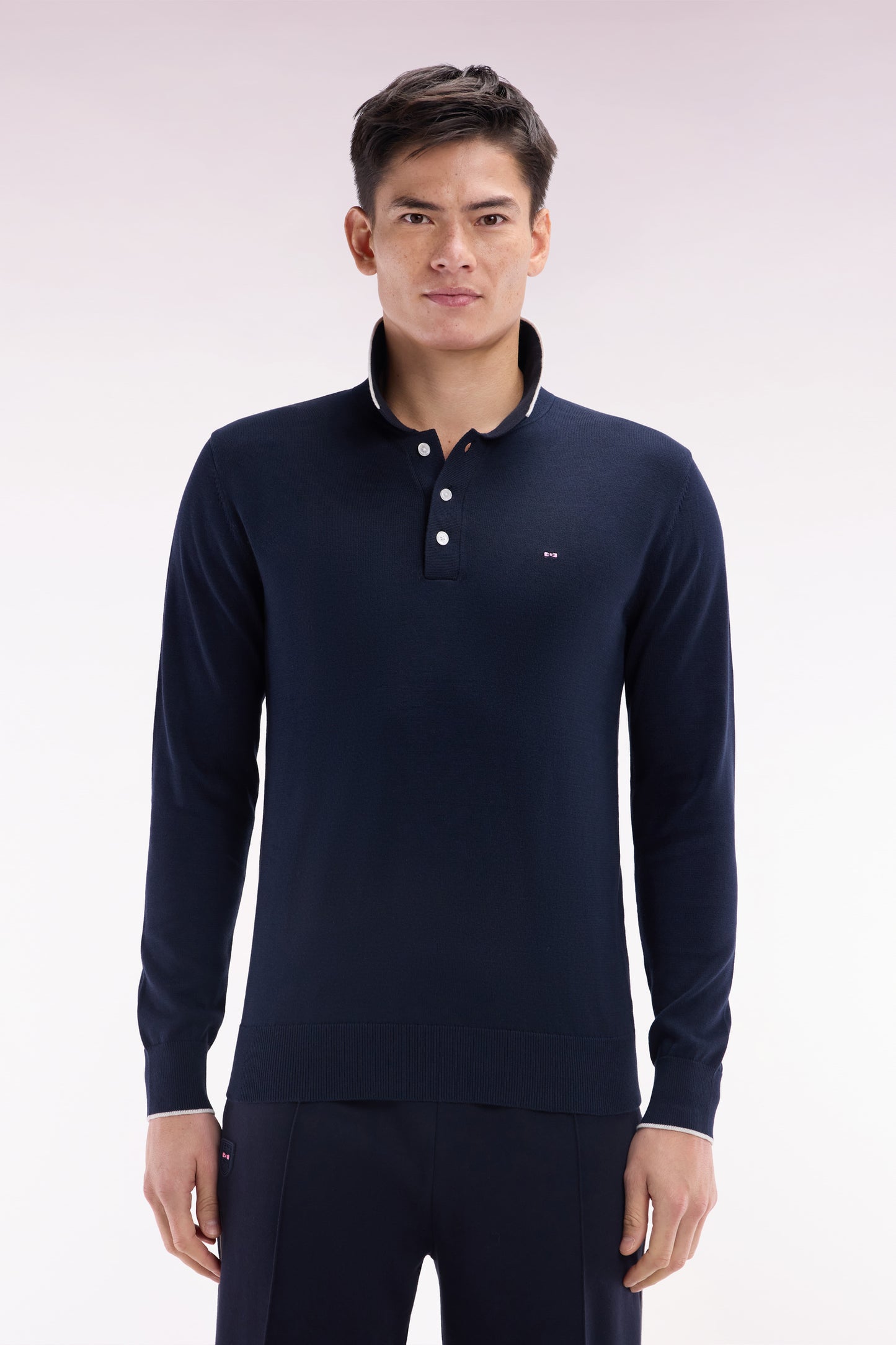 Straight-fit navy and grey cotton jumper with a rugby-style collar