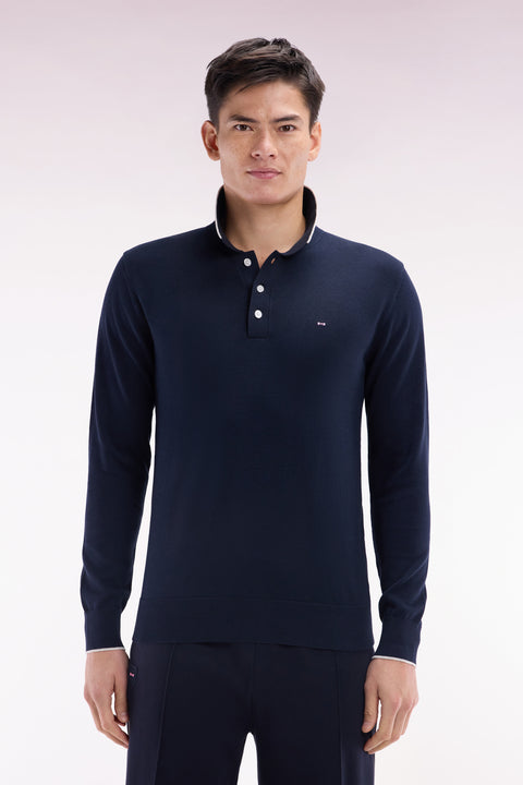 Straight-fit navy and grey cotton jumper with a rugby-style collar - Image 1