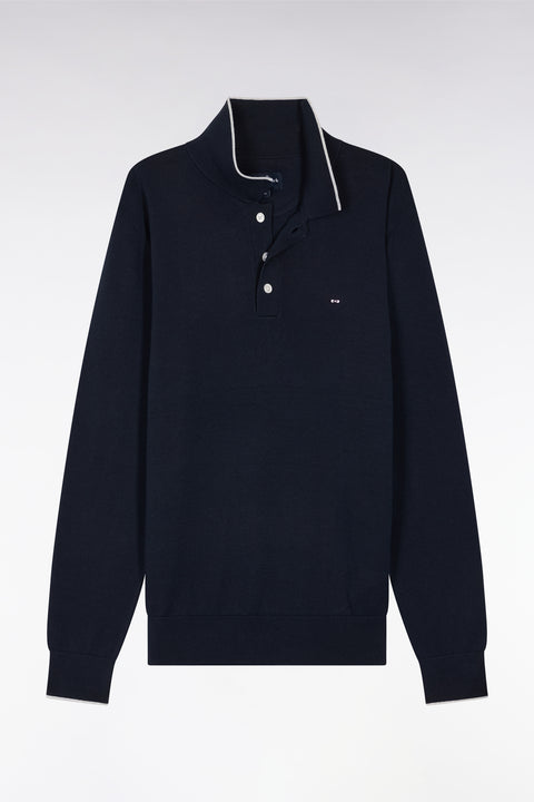 Straight-fit navy and grey cotton jumper with a rugby-style collar - Image 2
