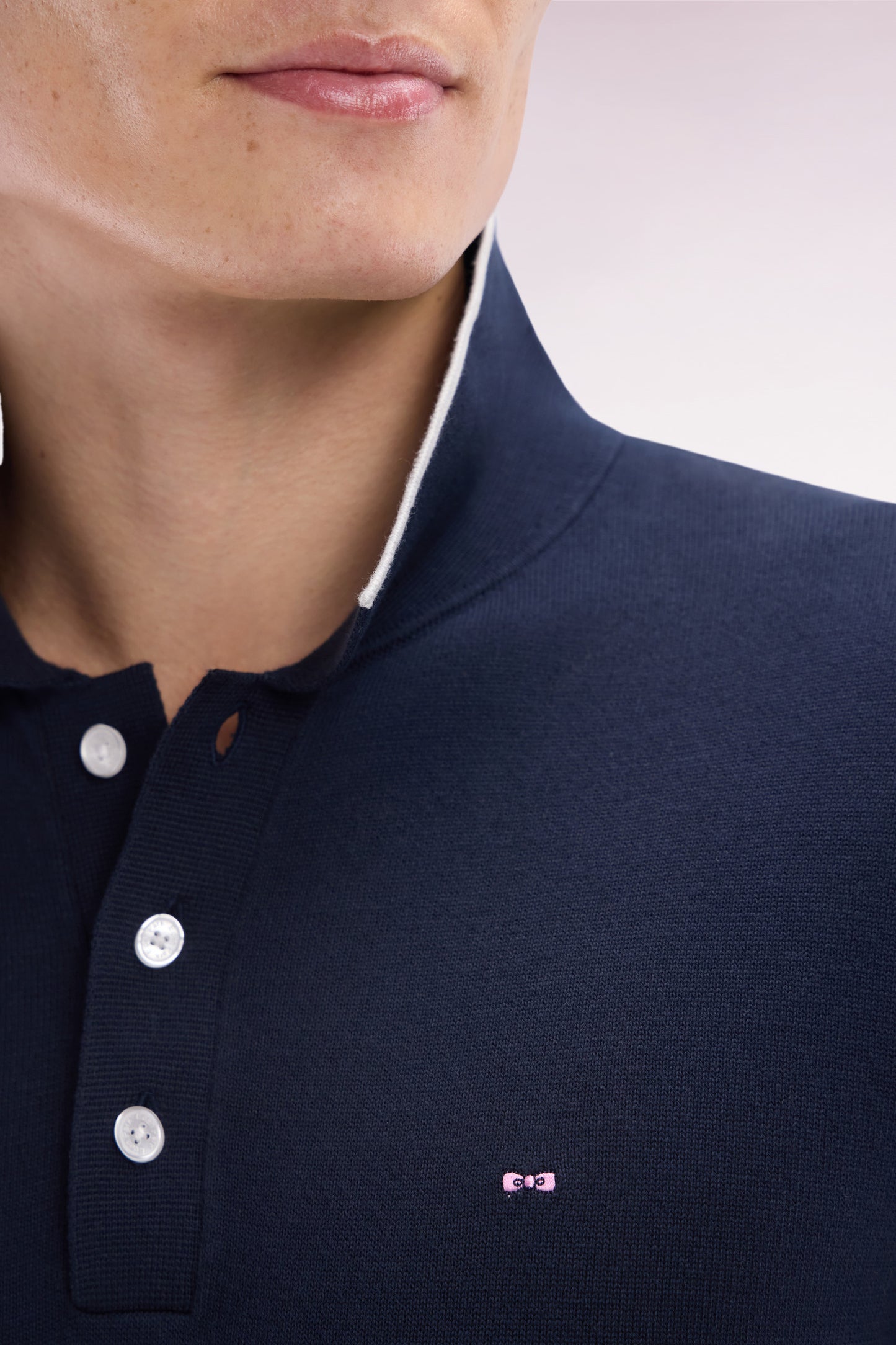 Straight-fit navy and grey cotton jumper with a rugby-style collar