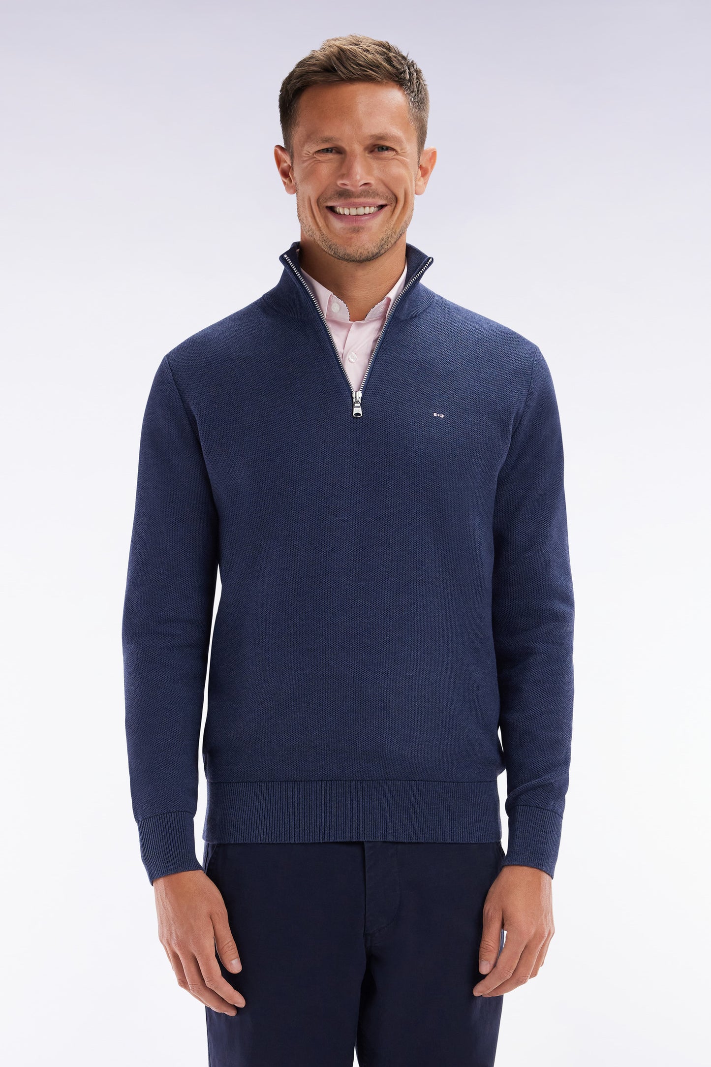 Straight-fit navy honeycomb cotton trucker collar jumper