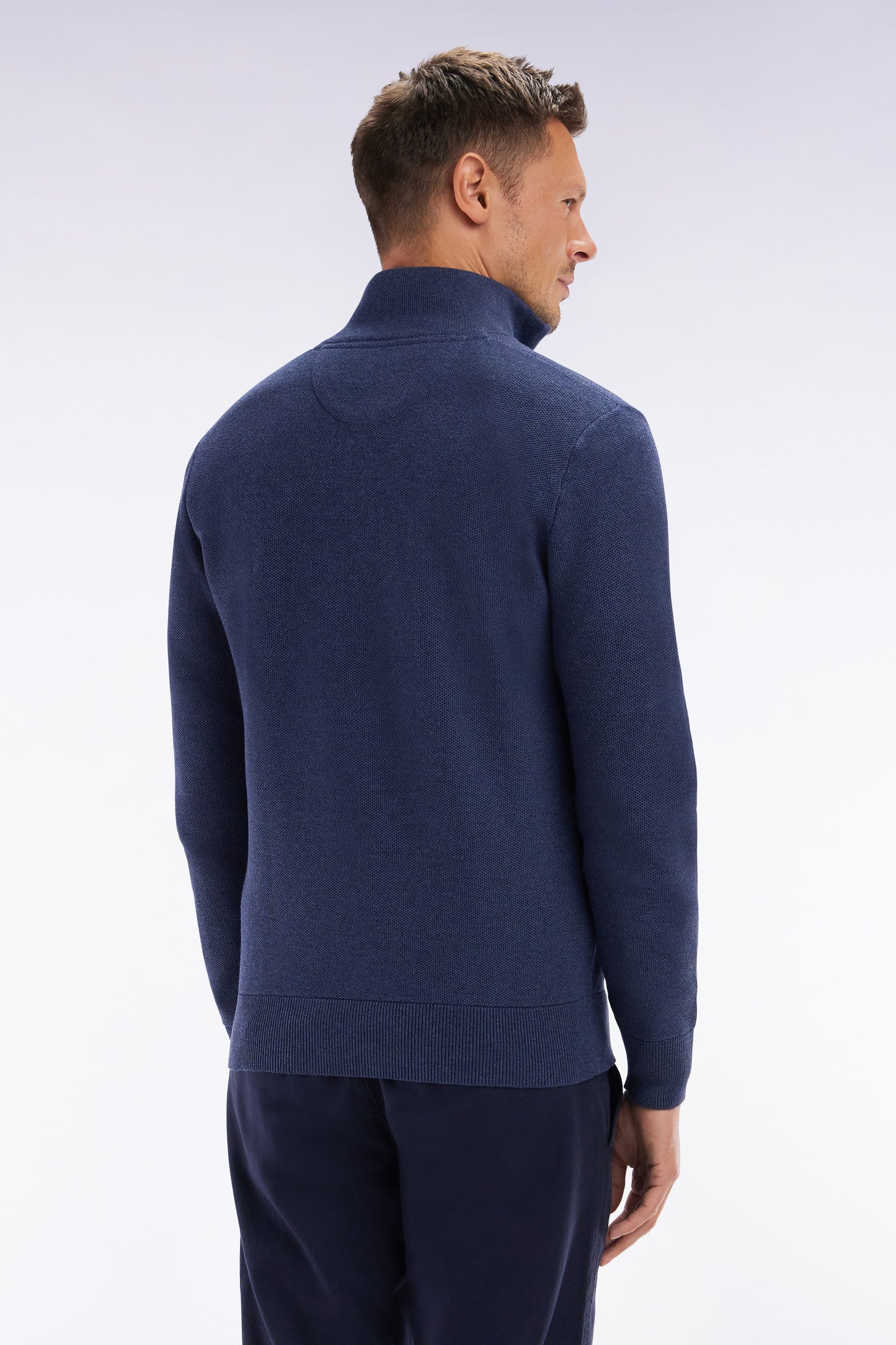 Straight-fit navy honeycomb cotton trucker collar jumper
