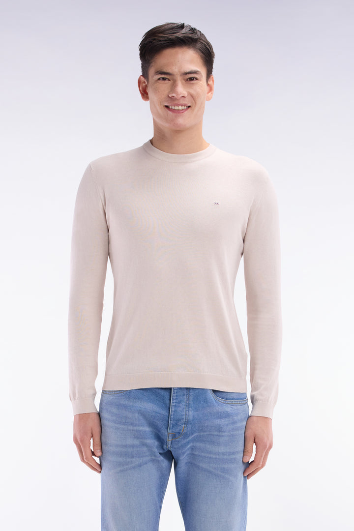 Pull col rond en coton et soie mélangés beige coupe droite