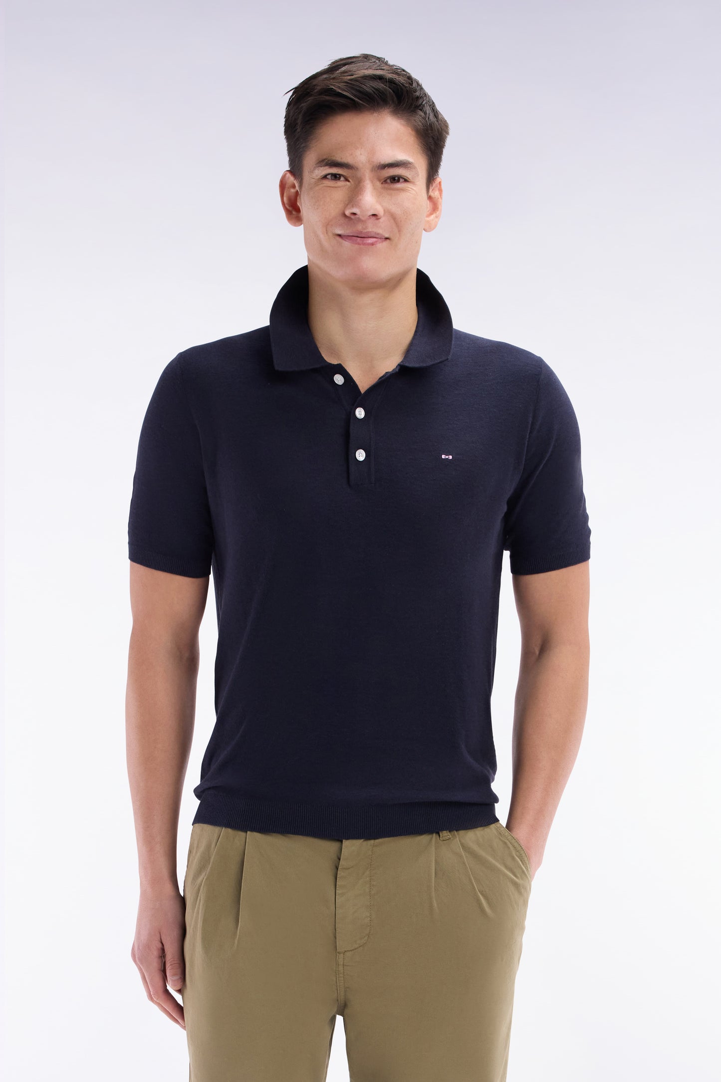 Straight-fit short sleeves navy polo collar jumper