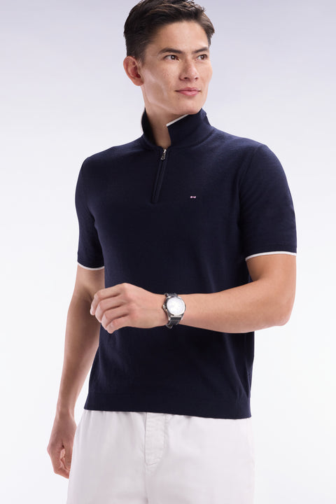 Pull col polo en coton biologique et cachemire marine coupe droite - Image 3
