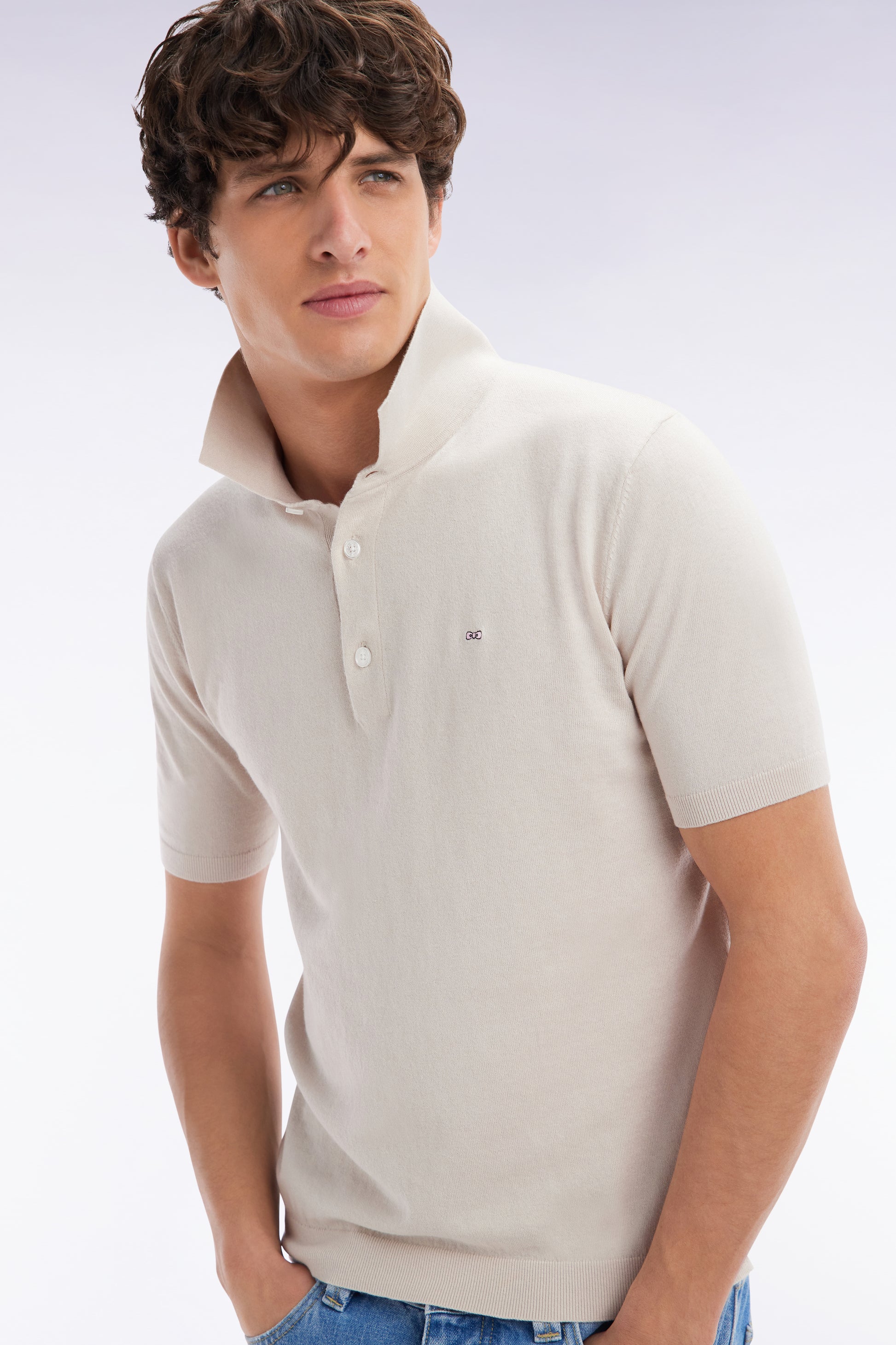 Pull col polo en coton et soie mélangés beige coupe droite