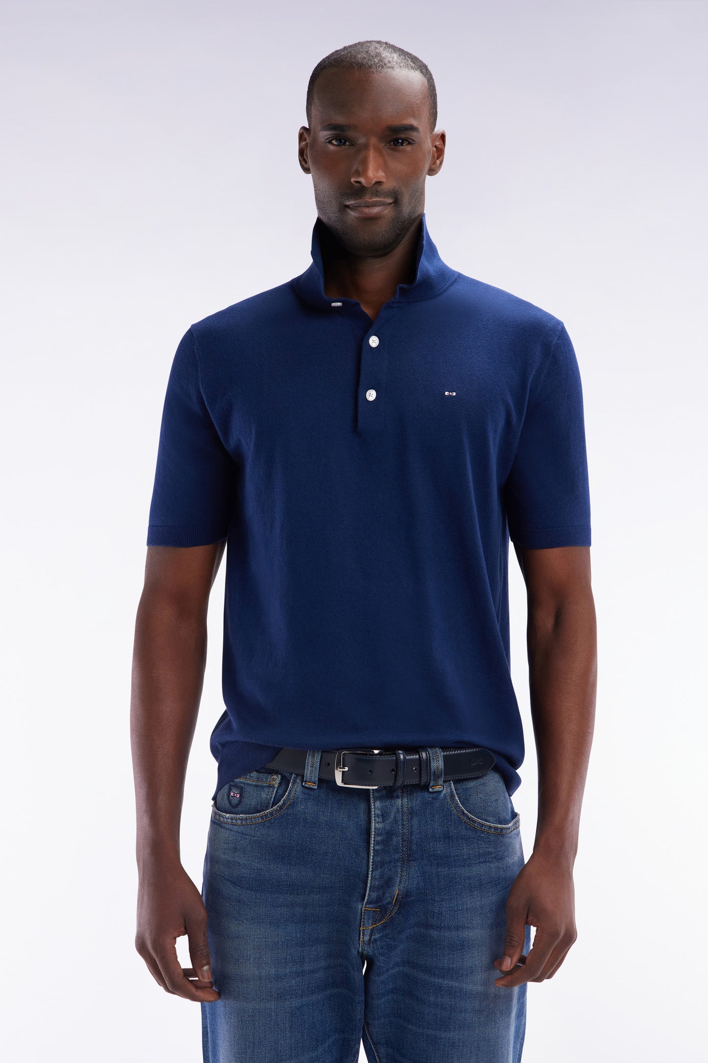 Straight-fit navy cotton-silk-blend polo neck jumper