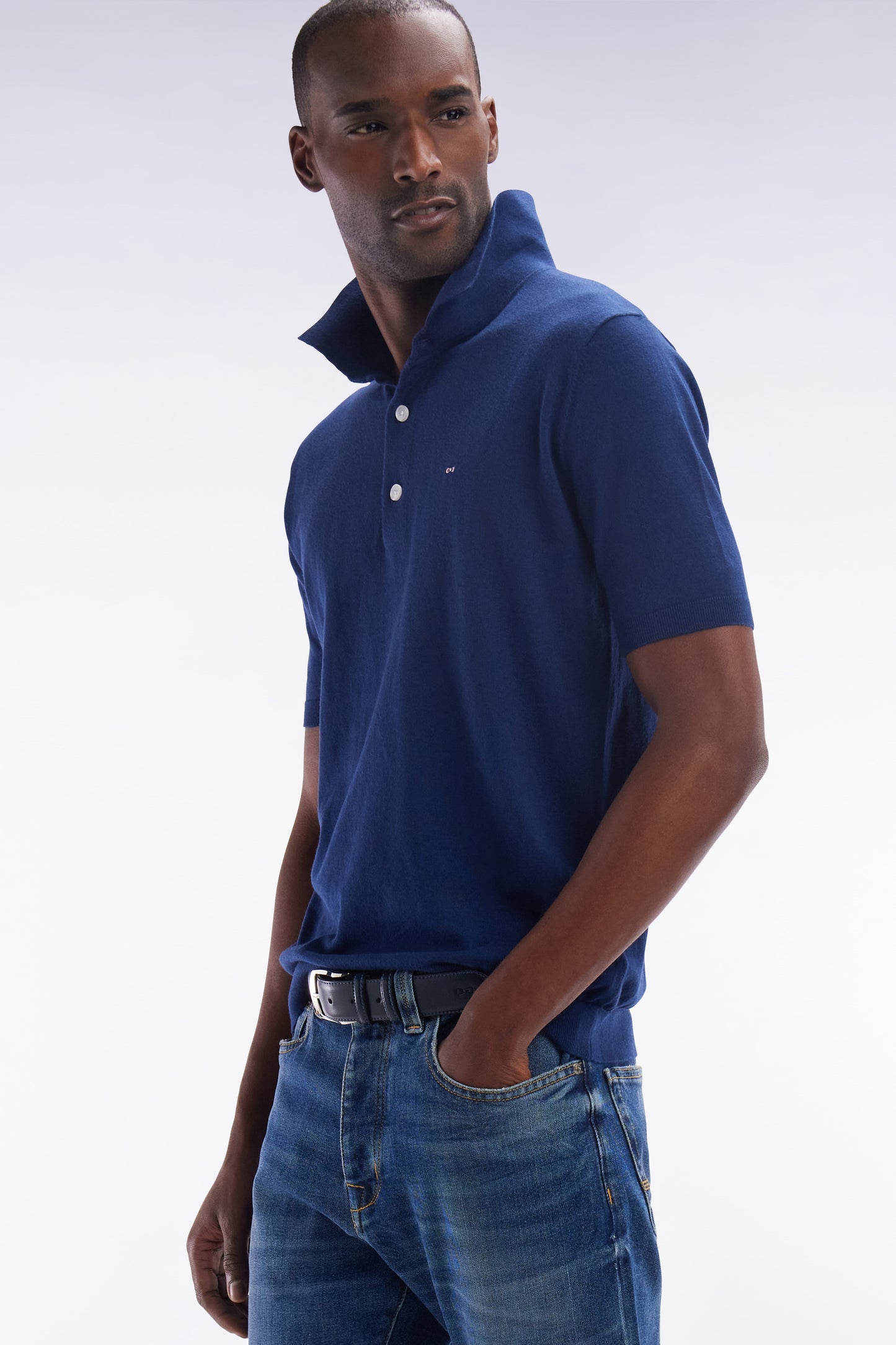 Straight-fit navy cotton-silk-blend polo neck jumper