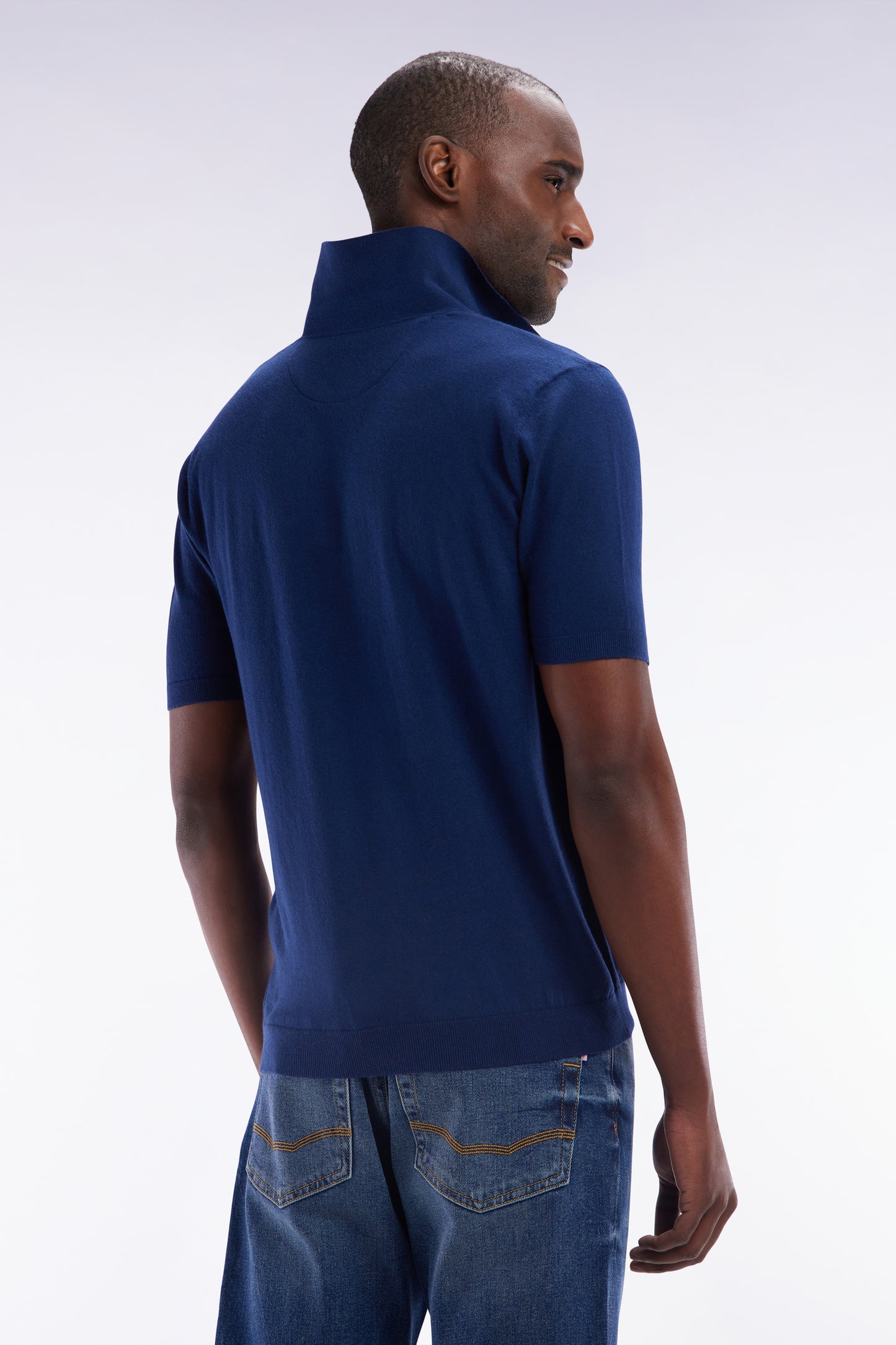 Straight-fit navy cotton-silk-blend polo neck jumper