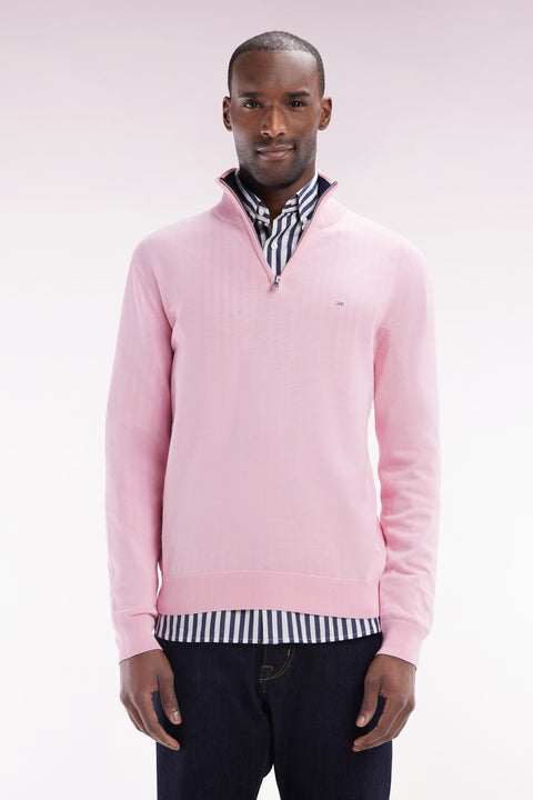 Straight-fit pink cotton trucker collar jumper - Image 1