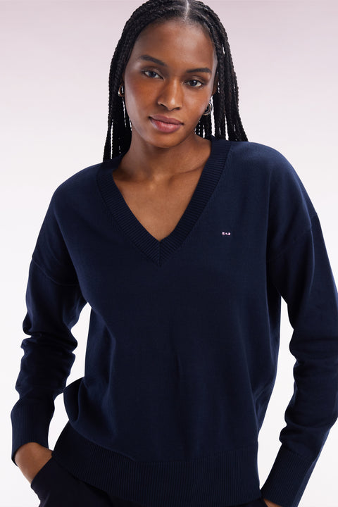 Relaxed-fit navy cotton V-neck jumper - Image 1