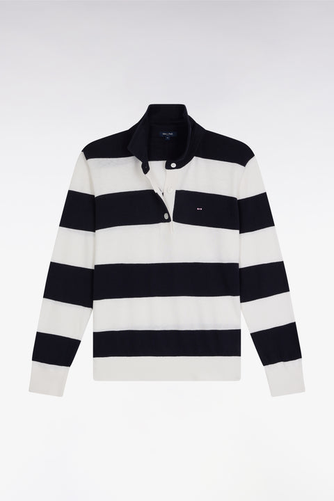 Relaxed-fit striped navy jumper with a rugby shirt collar in organic cotton and cashmere blend - Image 1
