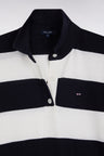 Relaxed-fit striped navy jumper with a rugby shirt collar in organic cotton and cashmere blend