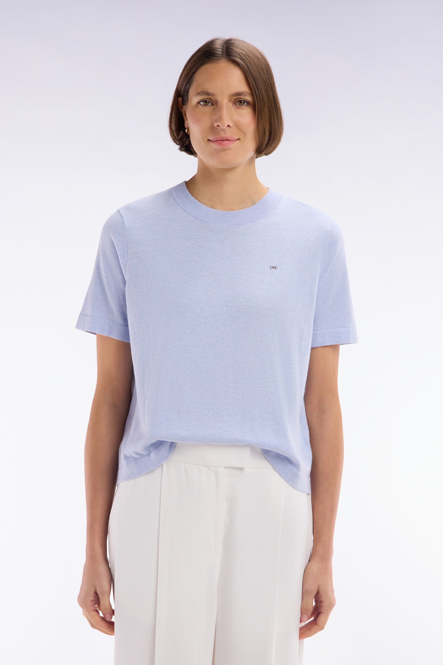 Relaxed-fit short-sleeved round-neck jumper in grey cotton-silk thin blend