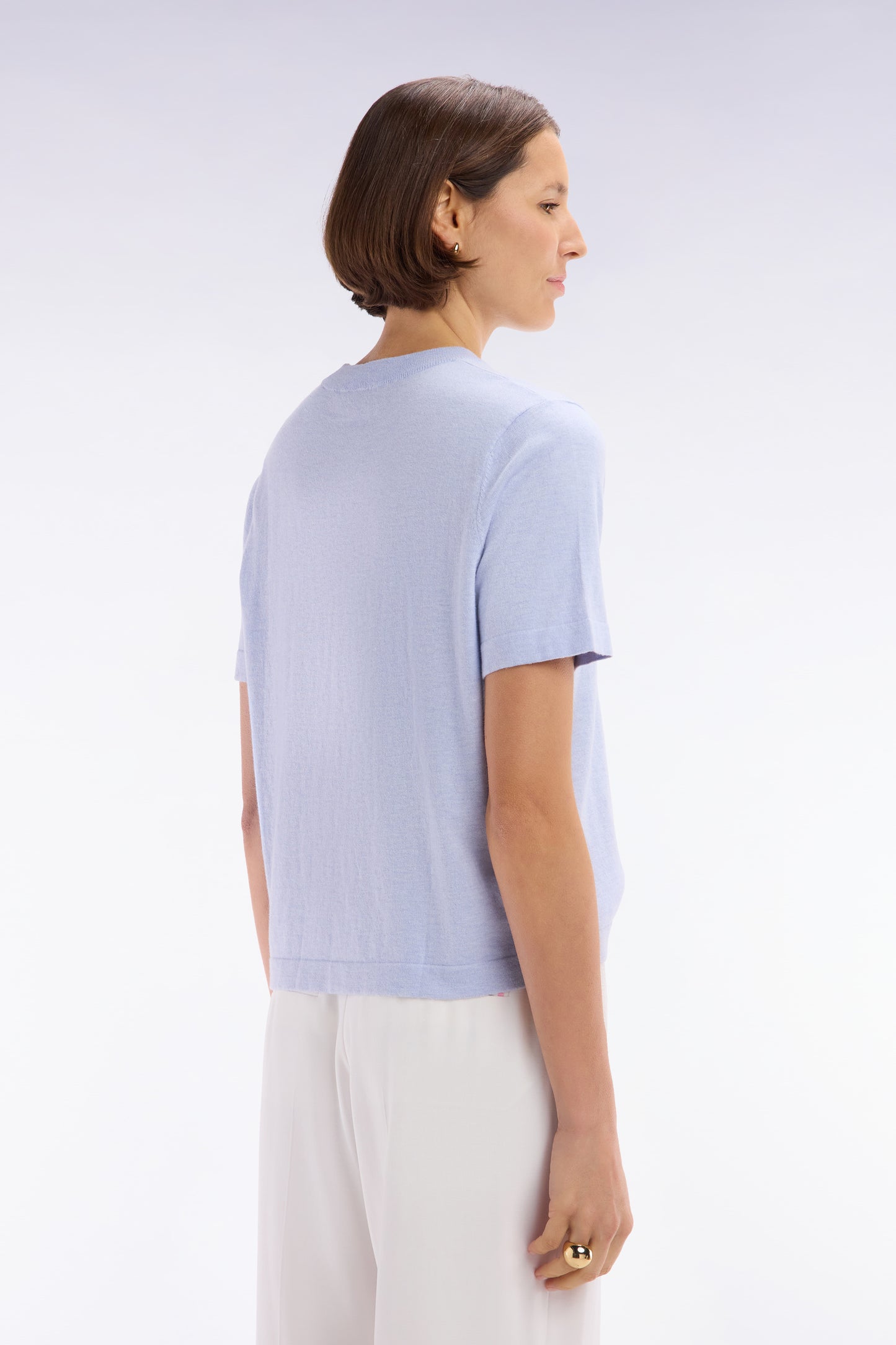 Relaxed-fit short-sleeved round-neck jumper in grey cotton-silk thin blend