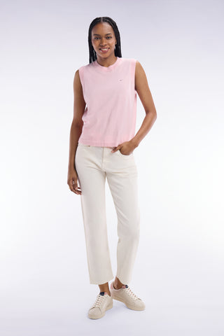 Relaxed-fit tank top jumper with round neck in pink cotton and silk thin blend