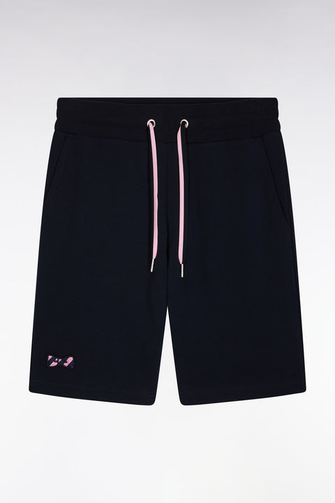 Relaxed-fit navy cotton fleece shorts with a striped bow tie embroidery - Image 2