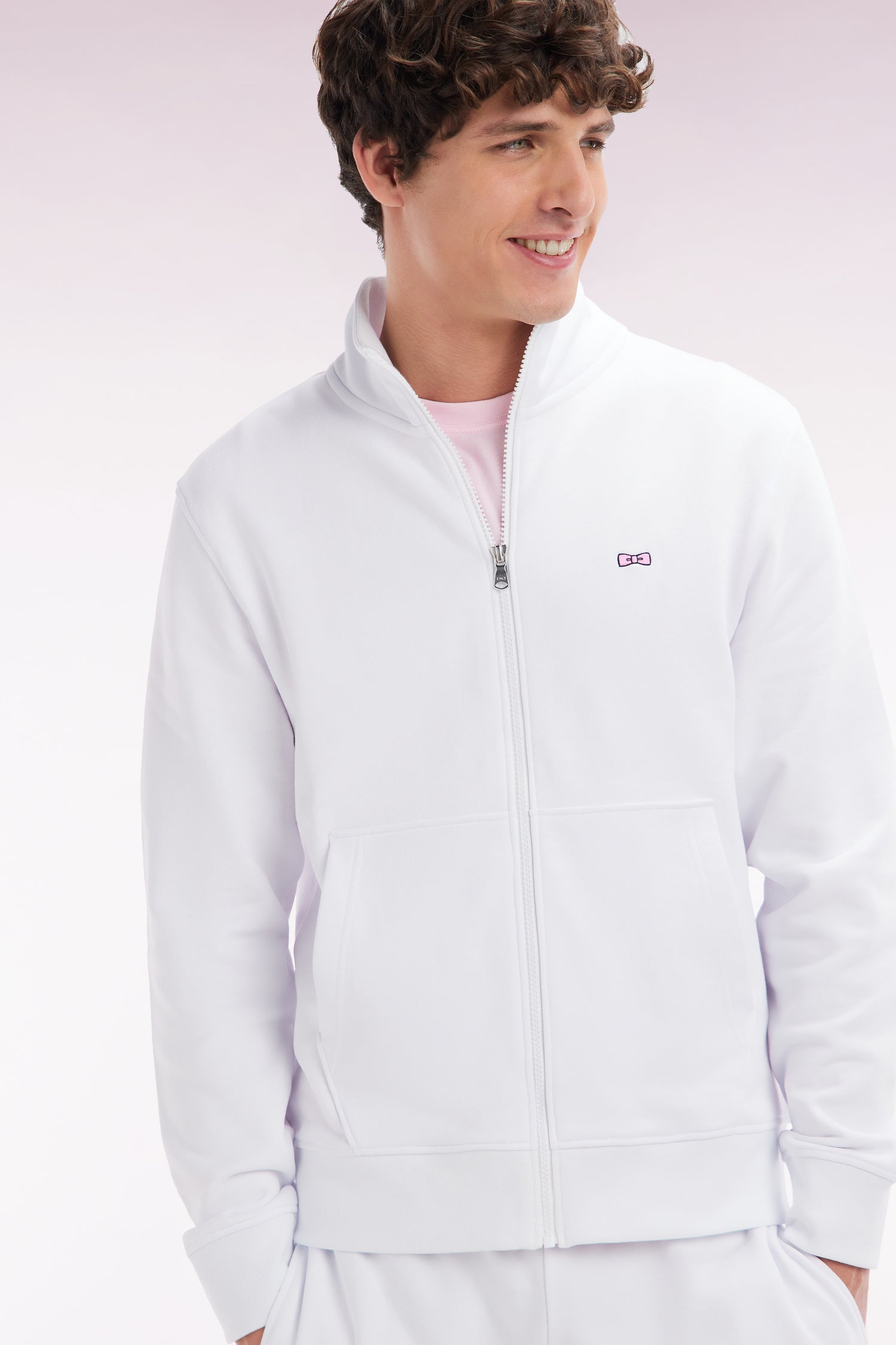 Sweatshirt zippé en coton blanc coupe droite