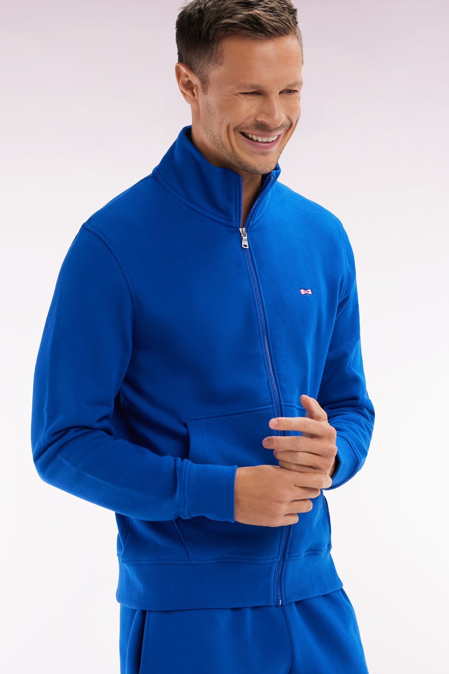 Sweatshirt zippé en coton bleu foncé coupe droite