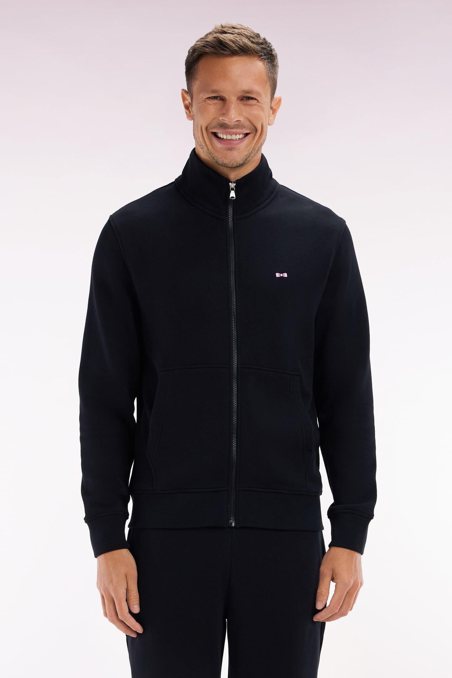 Straight-fit black cotton zip-up sweatshirt