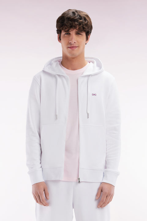 Straight-fit white cotton fleece zip-up sweatshirt - Image 1