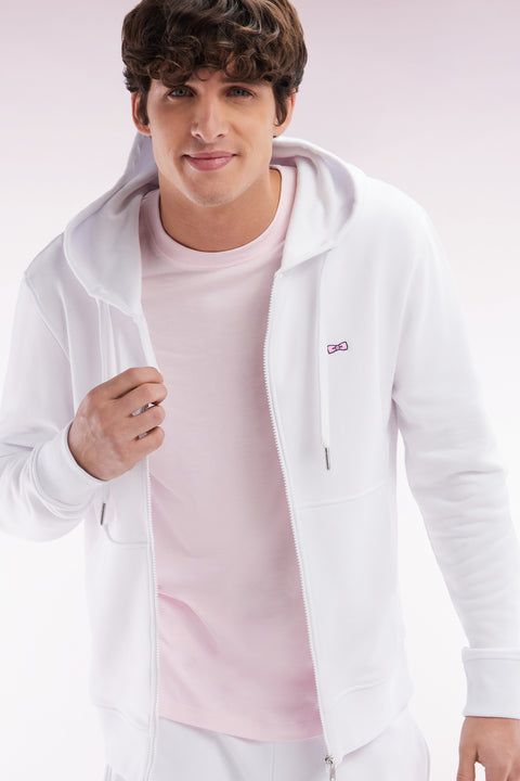 Straight-fit white cotton fleece zip-up sweatshirt - Image 3