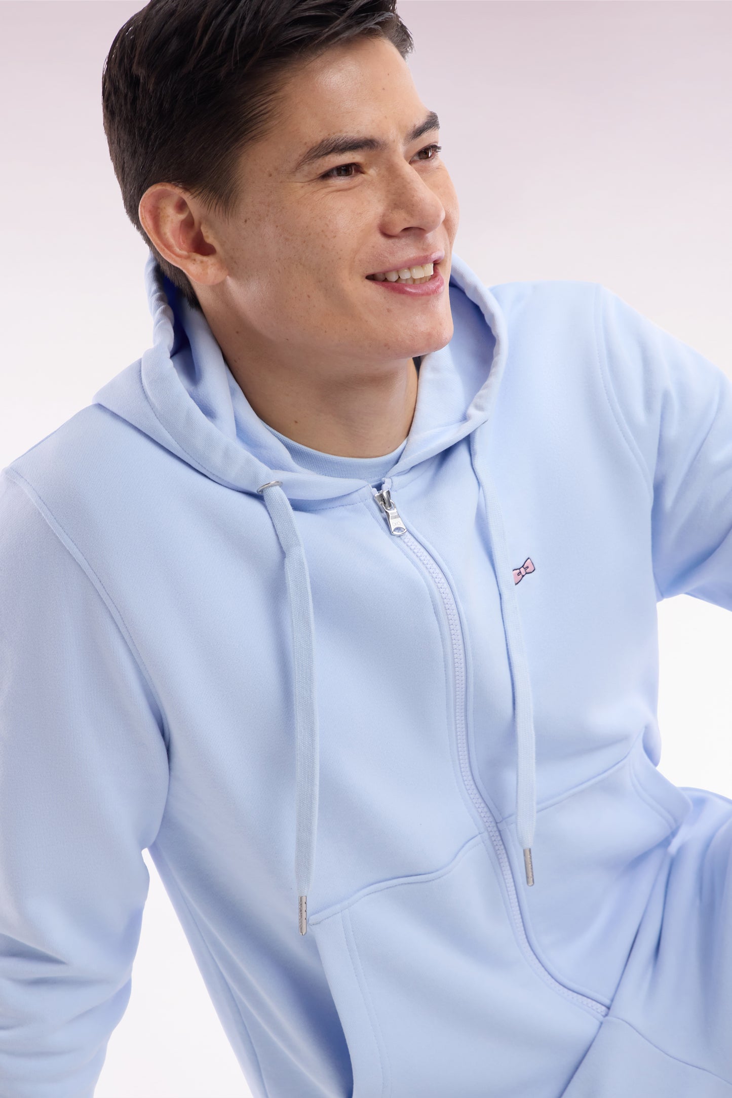 Straight-fit sky blue cotton fleece zip-up sweatshirt