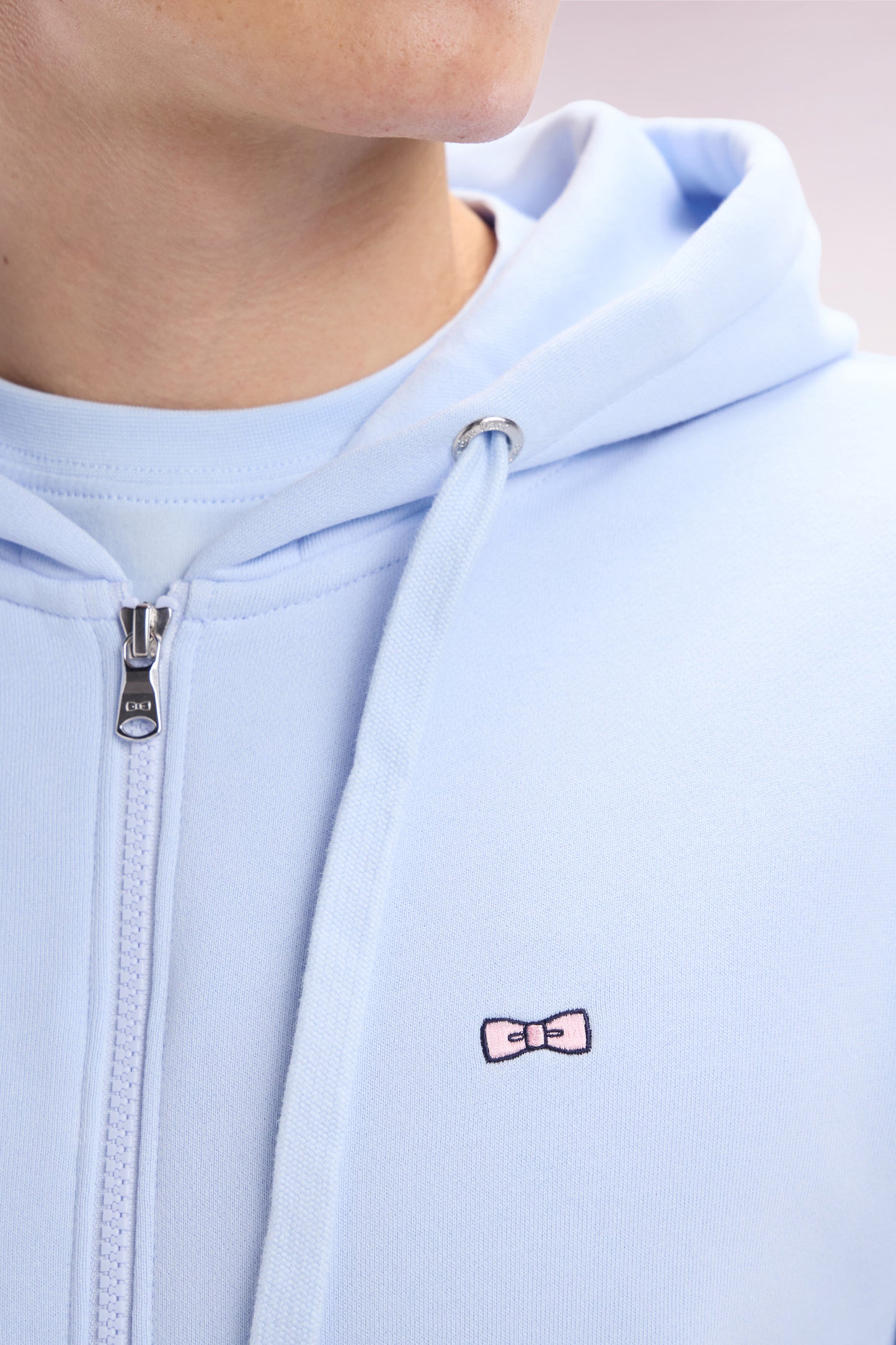 Straight-fit sky blue cotton fleece zip-up sweatshirt