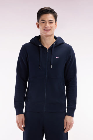 Straight-fit navy cotton fleece zip-up sweatshirt