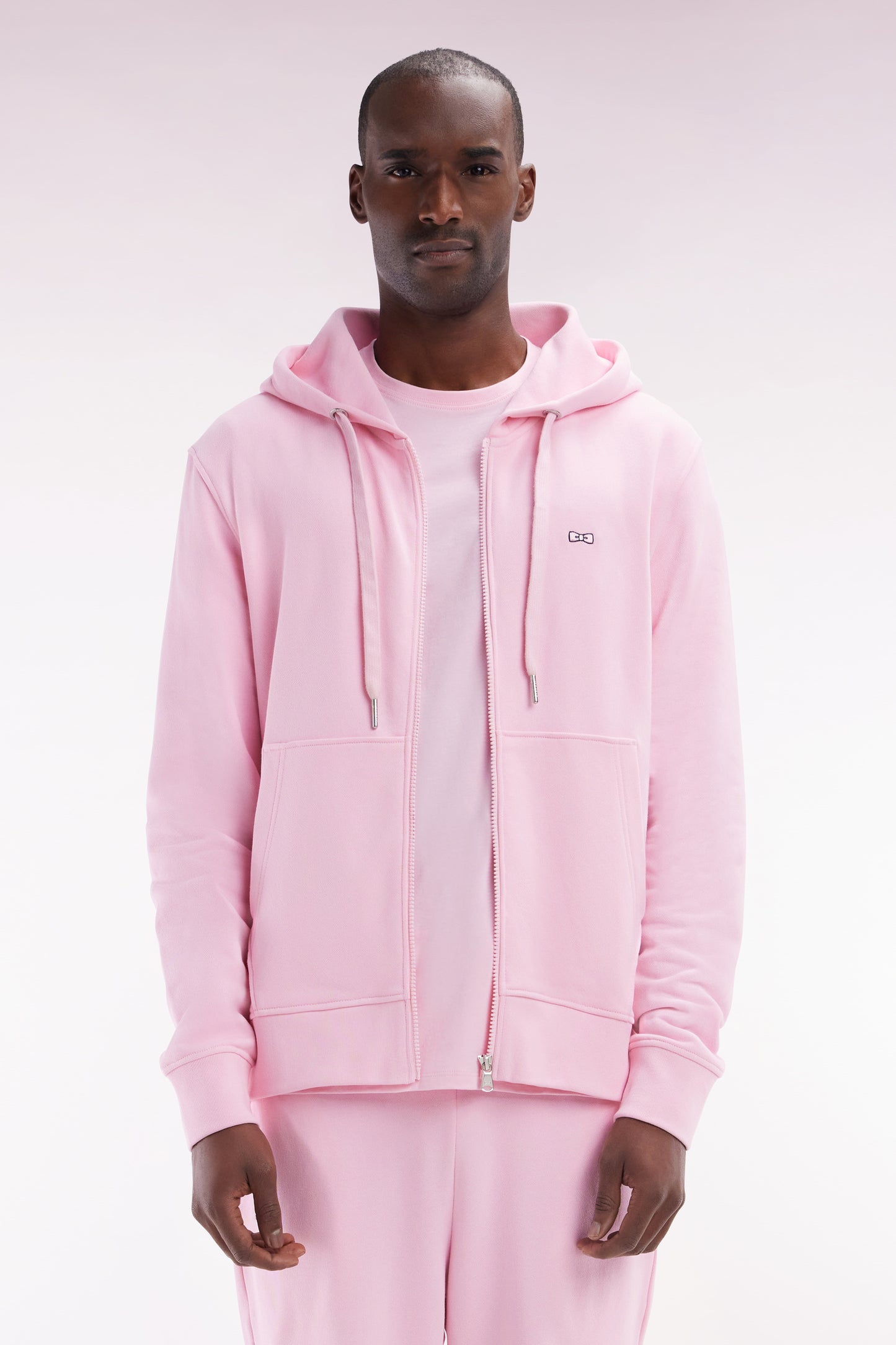 Straight-fit pink cotton fleece zip-up sweatshirt