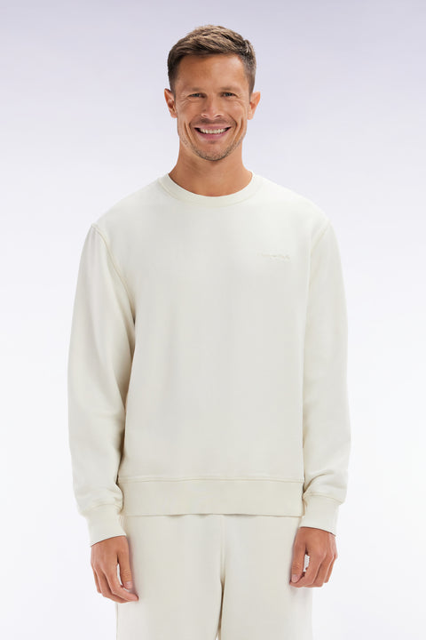 Relaxed-fit overdyed crewneck sweatshirt in beige cotton fleece - Image 1