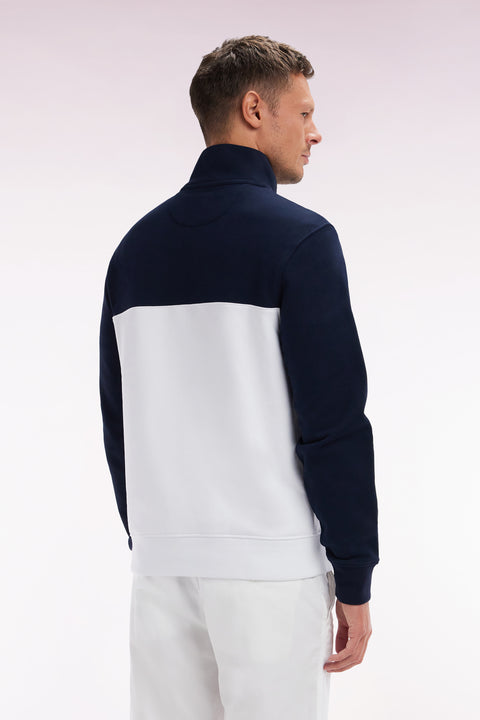 Sweatshirt à col camionneur en coton bicolore blanc et marine coupe droite - Image 3