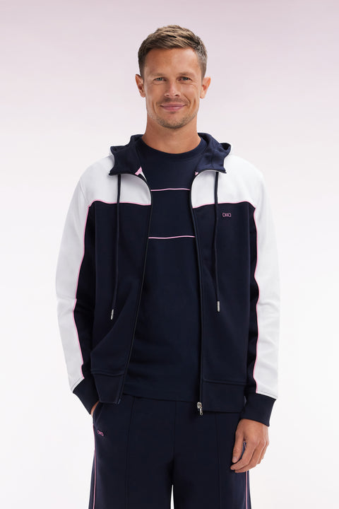 Straight-fit zip-up hooded sweatshirt in navy and white cotton - Image 1