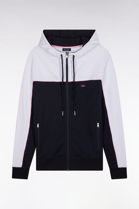 Straight-fit zip-up hooded sweatshirt in navy and white cotton - Image 2