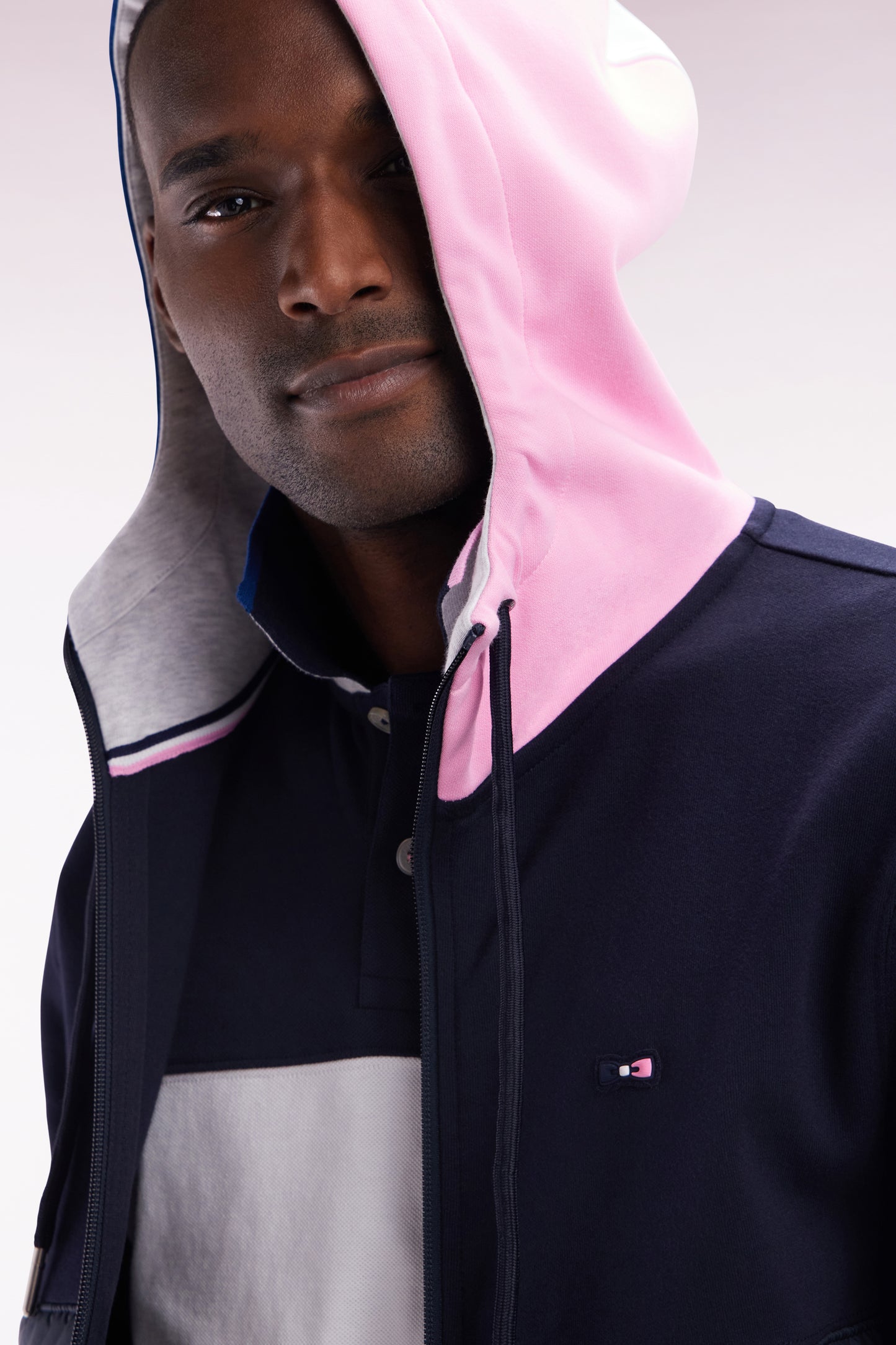 Straight-fit two-material zip-up sweatshirt in navy cotton fleece with quilted facing