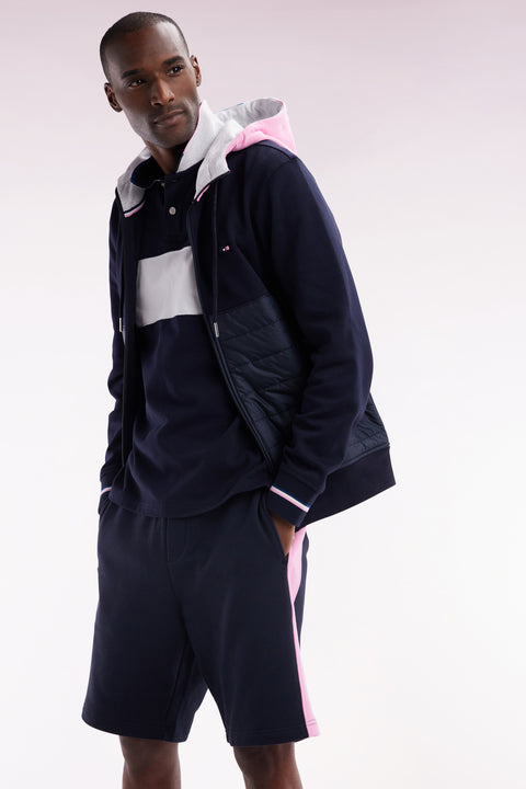 Straight-fit two-material zip-up sweatshirt in navy cotton fleece with quilted facing - Image 3