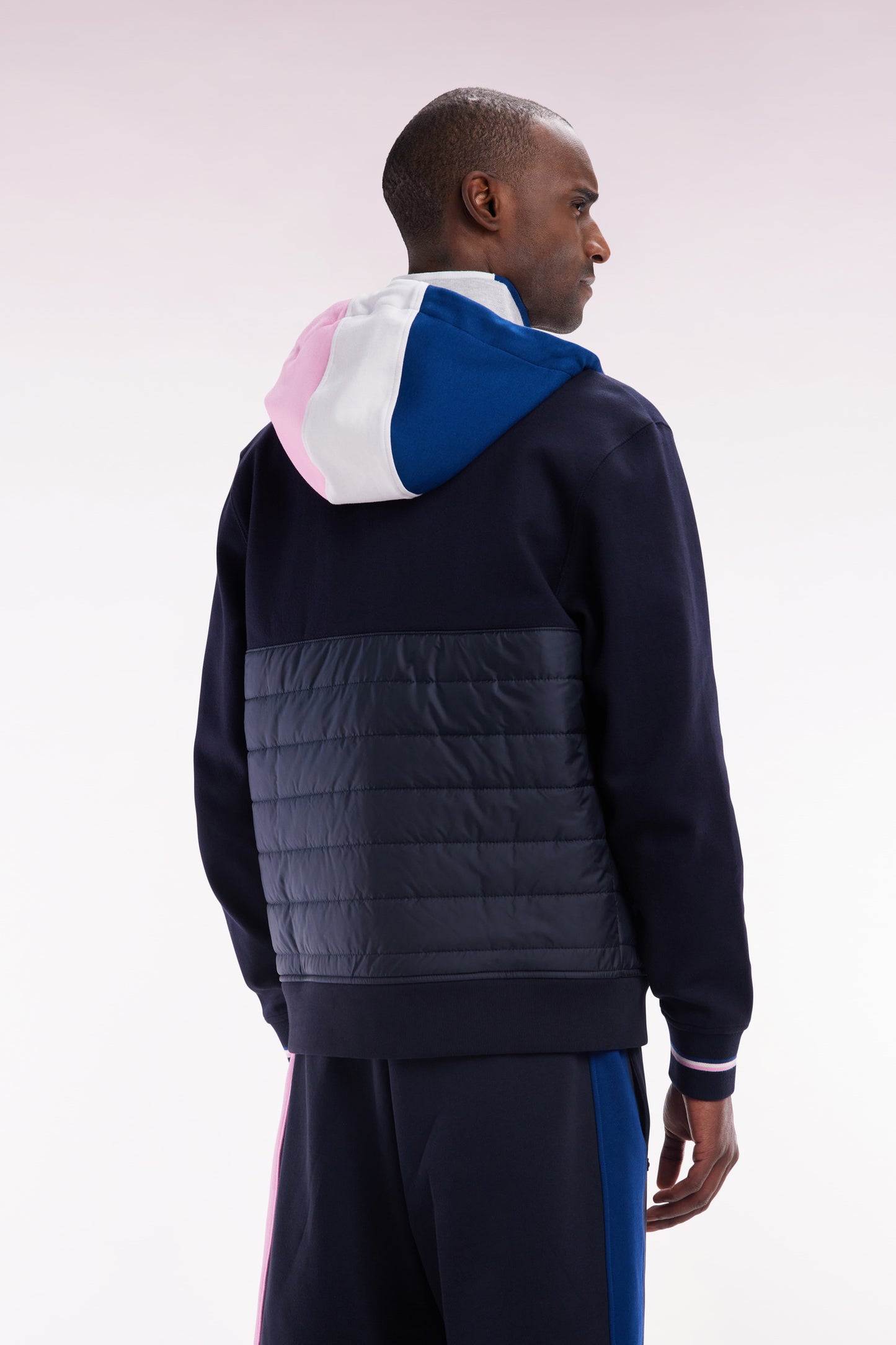 Straight-fit two-material zip-up sweatshirt in navy cotton fleece with quilted facing