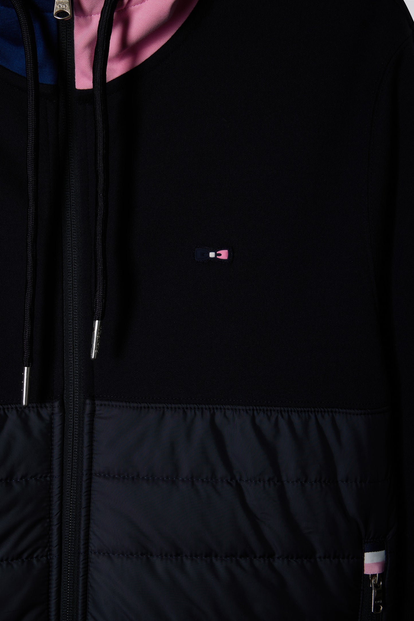 Straight-fit two-material zip-up sweatshirt in navy cotton fleece with quilted facing