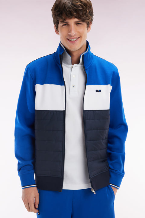 Straight-fit two-material zip-up sweatshirt in navy stretch cotton fleece with quilted facing - Image 2