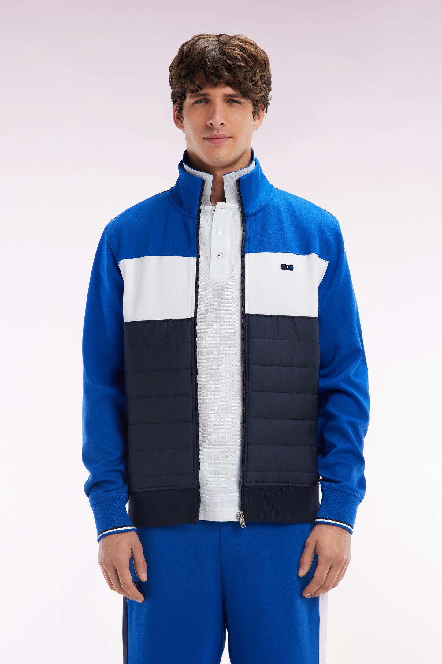 Straight-fit two-material zip-up sweatshirt in navy stretch cotton fleece with quilted facing
