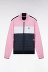 Straight-fit two-material zip-up sweatshirt in pink stretch cotton fleece with quilted facing